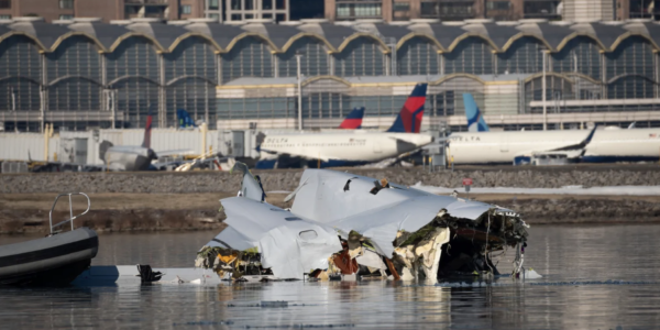 In this image provided by the U.S. Coast Guard, wreckage is seen in the Potomac River near Ronald Reagan Washington National Airport, Thursday, Jan. 30, 2025 in Washington. (Petty Officer 1st Class Brandon Giles, U.S. Coast Guard via AP)